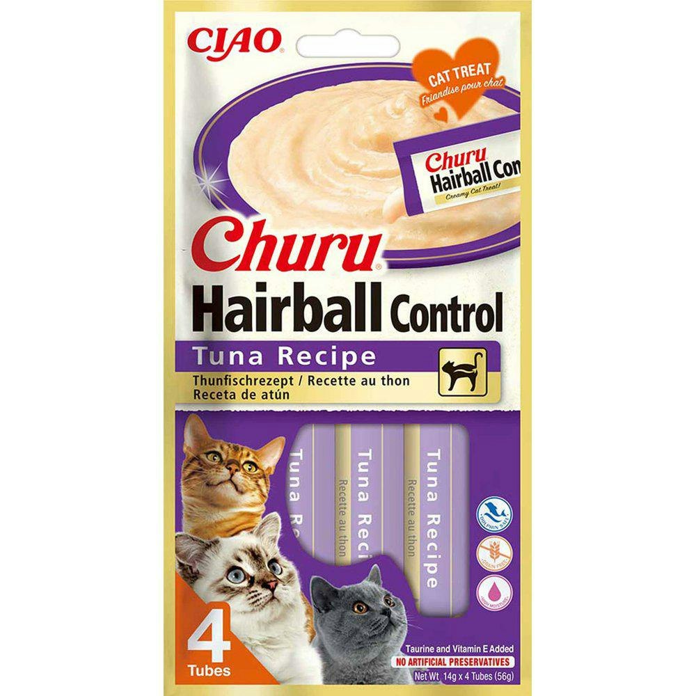 Framsidan av förpackningen för Churu Hairball Control Tuna.