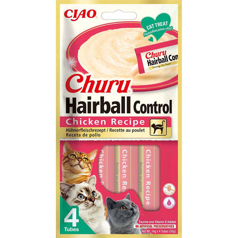 Framsidan av förpackningen för Churu Hairball Control Chicken.