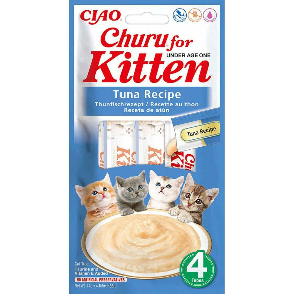 Framsidan av förpackningen för Churu Kitten Tuna 4st Under Age 1.