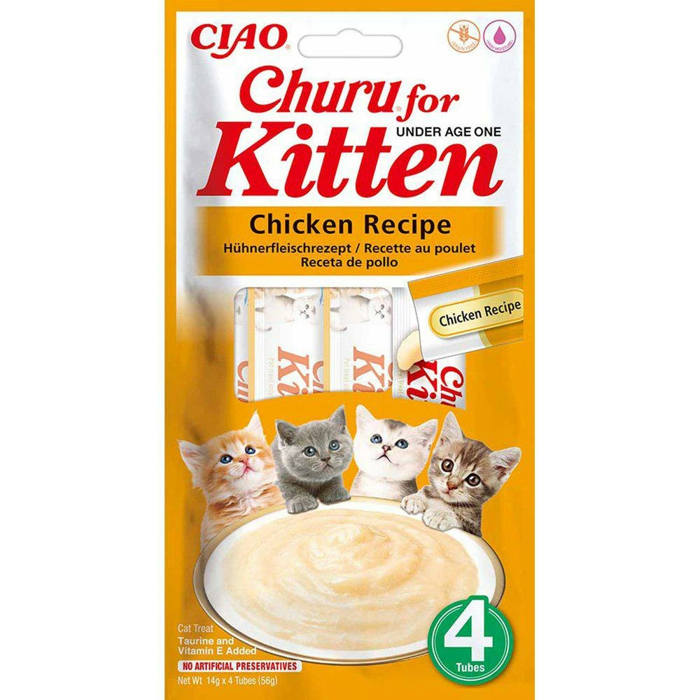 Framsidan av förpackningen för Churu Kitten Chicken 4st Under Age 1.