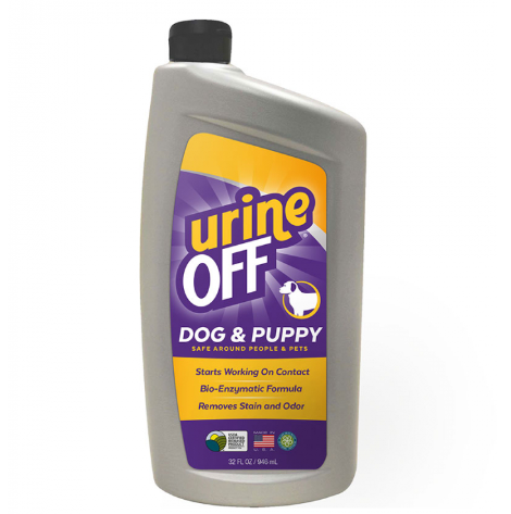 Framsidan av Urine Off Dog Spray 946 ml.