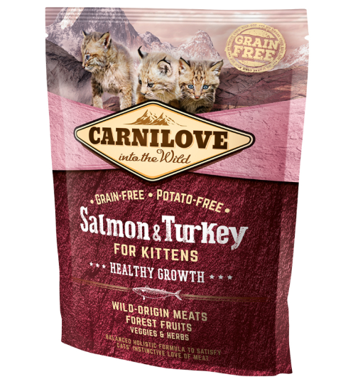 Framsidan av förpackningen för Carnilove Cat Salmon & Turkey Kitten - 400 gram