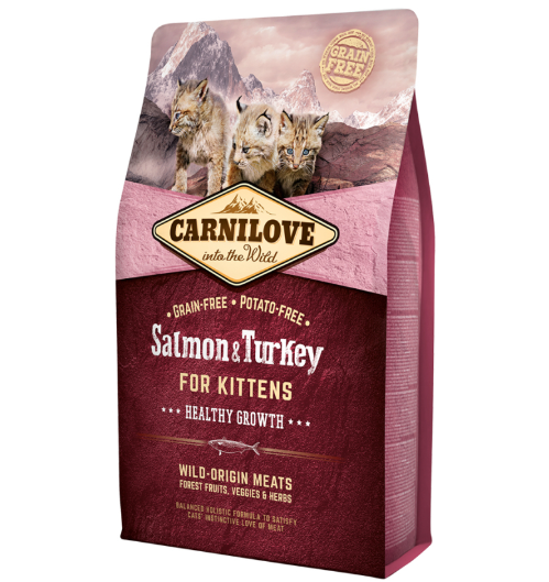 Framsidan av förpackningen för Carnilove Cat Salmon & Turkey Kitten - 2 kg.