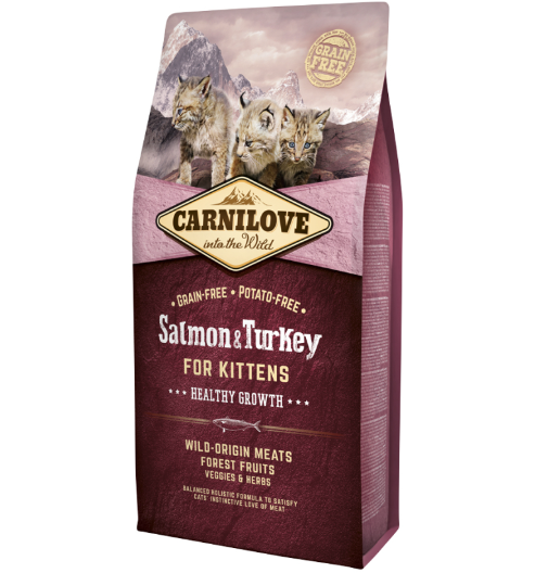 Framsidan av förpackningen för Carnilove Cat Salmon & Turkey Kitten - 6 kg