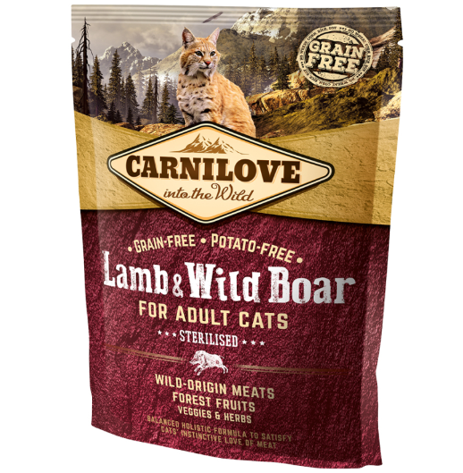 Framsidan av förpackningen för Carnilove Cat Lamb & Wild Boar Adult - 400 gram.