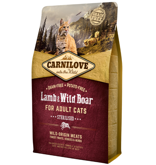 Framsidan av förpackningen för Carnilove Cat Lamb & Wild Boar Adult - 2 kg.
