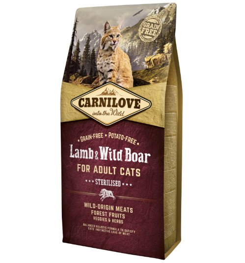 Framsidan av förpackningen för Carnilove Cat Lamb & Wild Boar Adult - 6 kg.