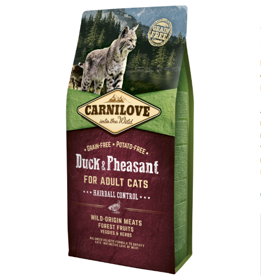 Framsidan av förpackningen för Carnilove Cat Duck & Pheasant Adult - 6 kg.