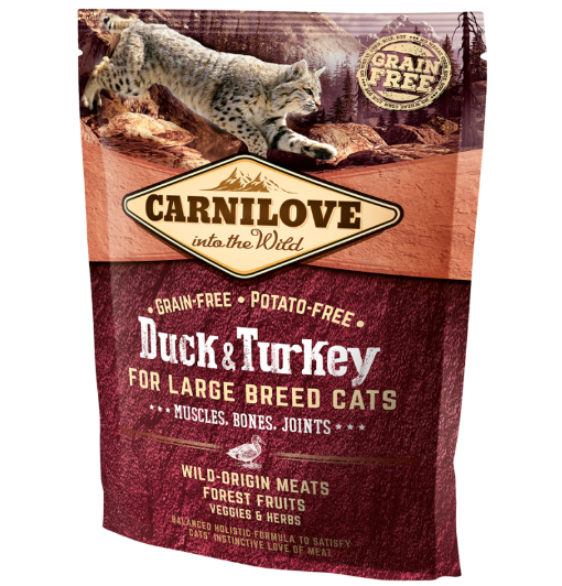 Framsidan av förpackningen för Carnilove Cat Duck & Turkey Large Breed - 400 gram.