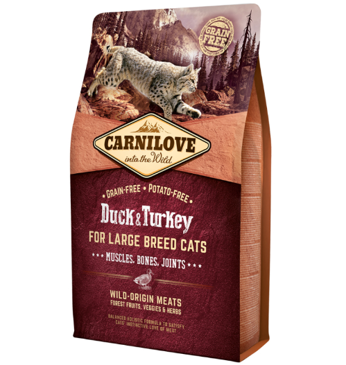 Framsidan av förpackningen för Carnilove Cat Duck & Turkey Large Breed - 2 kg.