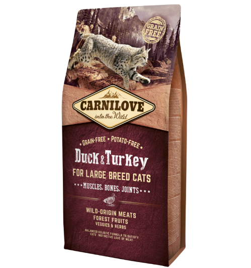 Framsidan av förpackningen för Carnilove Cat Duck & Turkey Large Breed - 6 kg.