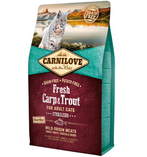 Framsidan av förpackningen för Carnilove Cat Fresh Carp & Trout Adult - 2 kg.