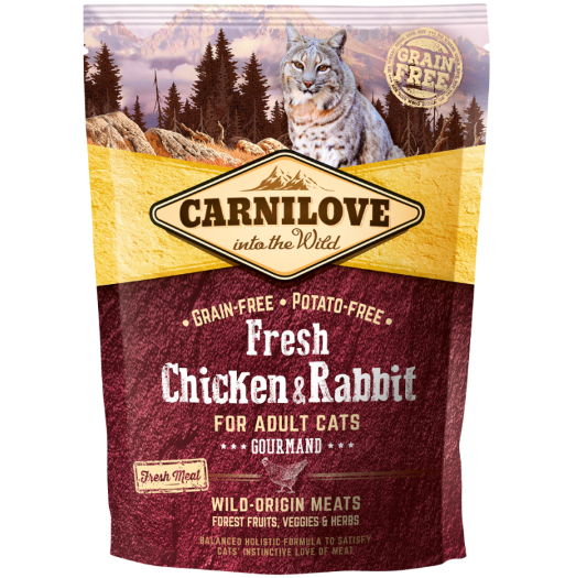 Framsidan av förpackningen för Carnilove Cat Fresh Chicken & Rabbit Adult - 400 gram.