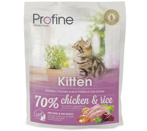 Framsidan av förpackningen för Profine Kitten Chicken & Rice - 300 gram.