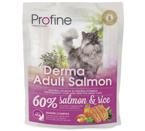 Framsidan av förpackningen för Profine Cat Derma Adult Salmon - 300 gram.