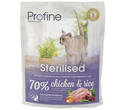 Framsidan av förpackningen för Profine Sterilised Chicken & Rice 300 gram.