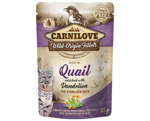 Framsidan av förpackningen för Carnilove Cat Pouch Quail with Dandelion Sterilised - 85 gram.