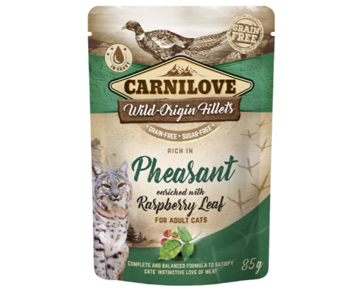 Framsidan av förpackningen för Carnilove Cat Pouch Pheasant with Raspberry Leaf - 85 gram.