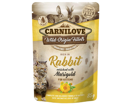 Framsidan av förpackningen för Carnilove Cat Pouch Rabbit with Marigold Kitten - 85 gram.