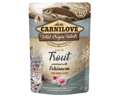 Framsidan av förpackningen för Carnilove Cat Pouch Trout with Echinacea - 85 gram.
