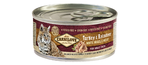 Framsidan av förpackningen för Carnilove Cat Turkey & Reindeer - 100 gram.