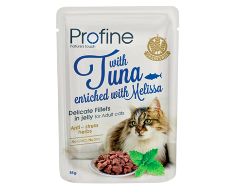 Framsidan av förpackningen för Profine Cat Adult Fillets in Jelly with Tuna - 85 gram.