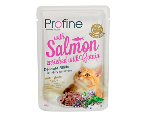 Framsidan av förpackningen för Profine Cat Kitten Fillets in Jelly with Salmon - 85 gram.