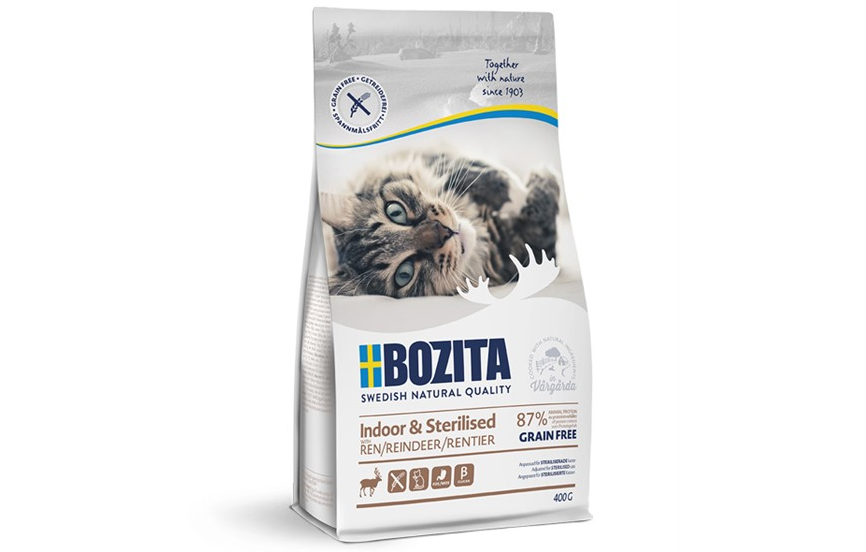 Framsidan av förpackningen för Bozita Indoor & Sterilised Grain free Reindeer - 400 g.