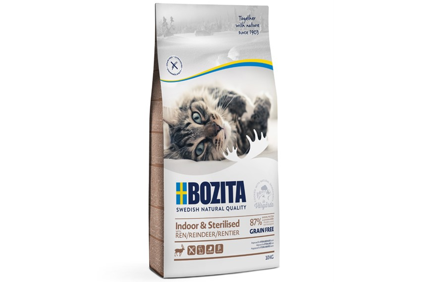 Framsidan av förpackningen för Bozita Indoor & Sterilised Grain free Reindeer 10 kg.