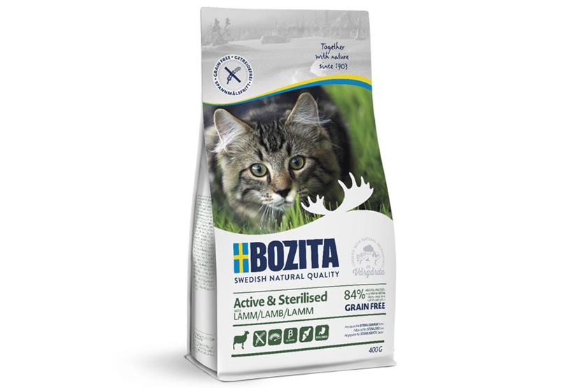 Framsidan av förpackningen för Bozita Active & Sterilized Grain Free Lamb 400 g.