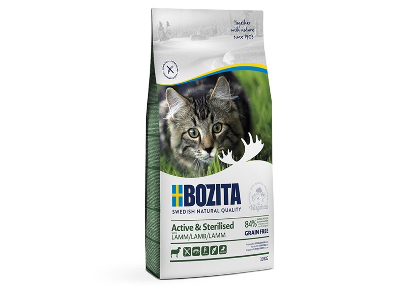 Framsidan av förpackningen för Bozita Active & Sterilized Grain Free Lamb 10 kg.