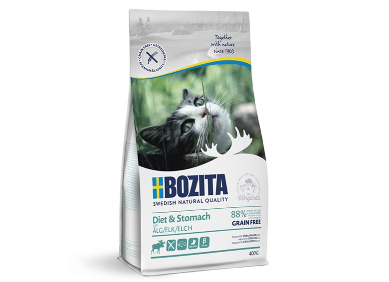 Framsidan av förpackningen för Bozita Diet & Stomach Grain Free Elk 400 g.