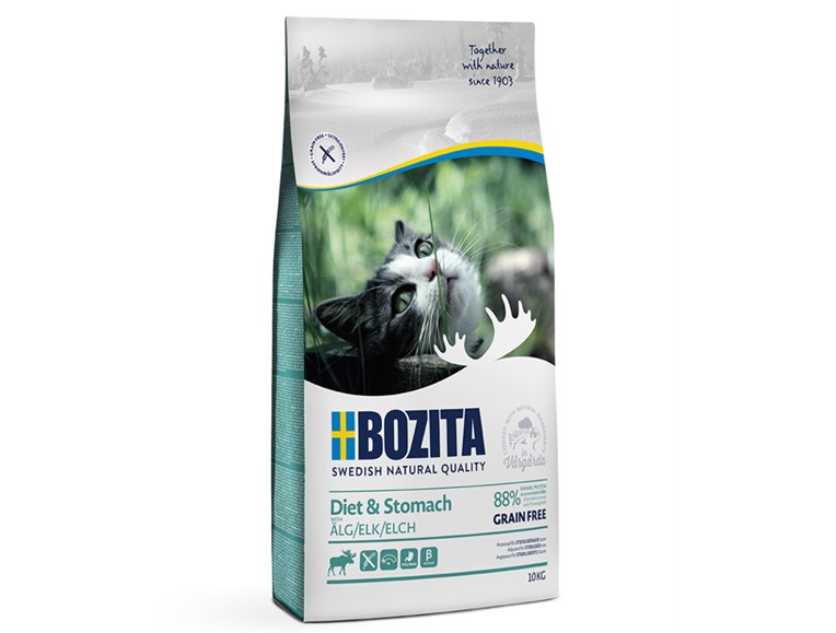 Framsidan av förpackningen för Bozita Diet & Stomach Grain Free Elk 10 kg.