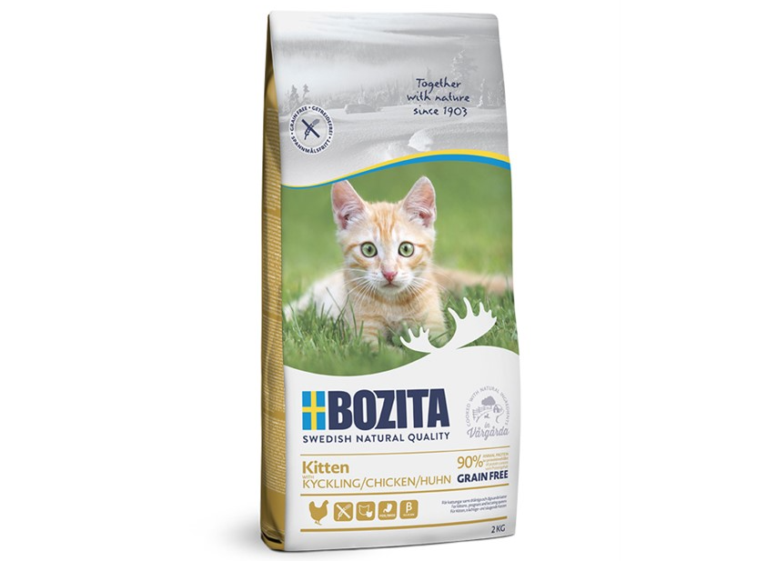 Framsidan av förpackningen för Bozita Kitten Grain Free Chicken 2 kg.