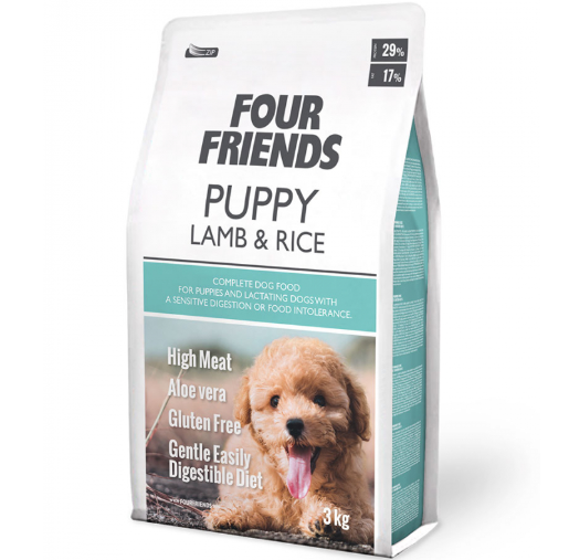 Framsidan av förpackningen för Four Friends Puppy Lamb & Rice - 3 kg.