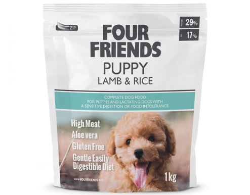 Framsidan av förpackningen för Four Friends Puppy Lamb & Rice - 1 kg.