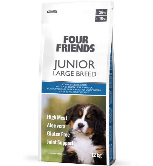 Framsidan av förpackningen för Four Friends Junior Large Breed - 12 kg.