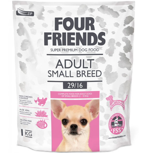 Framsidan av förpackningen för Four Friends Adult Small Breed - 1 kg.