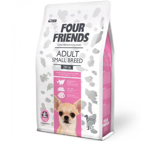 Framsidan av förpackningen för Four Friends Adult Small Breed - 3 kg.