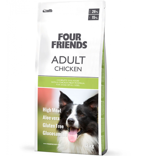 Framsidan av förpackningen för Four Friends Adult Chicken - 12 kg.
