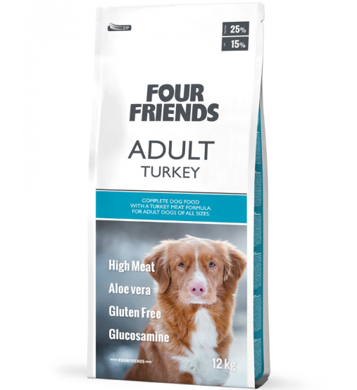 Framsidan av förpackningen för Four Friends Adult Turkey - 12 kg.