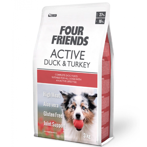 Framsidan av förpackningen för Four Friends Active Duck & Turkey - 3 kg.