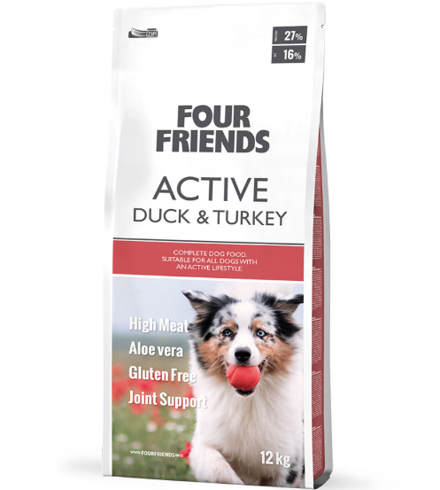 Framsidan av förpackningen för Four Friends Active Duck & Turkey - 12 kg.