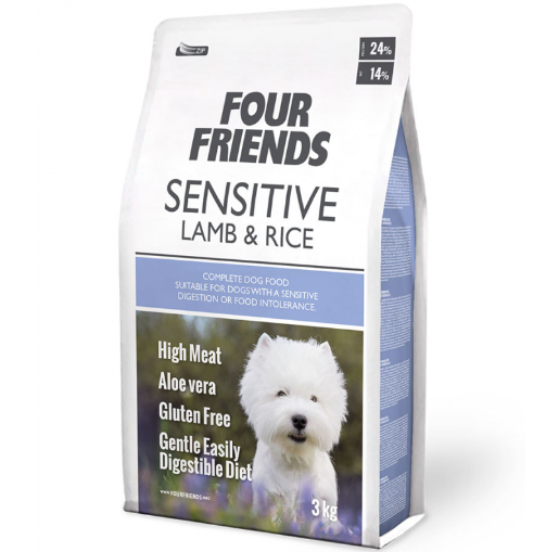 Framsidan av förpackningen för Four Friends Sensitive Lamb & Rice - 3 kg.