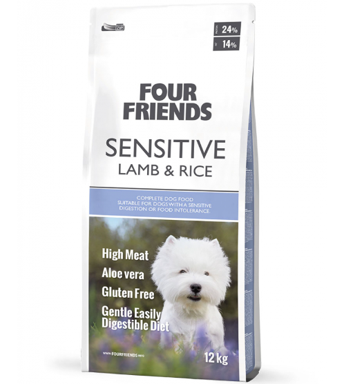 Framsidan av förpackningen för Four Friends Sensitive Lamb & Rice - 12 kg.