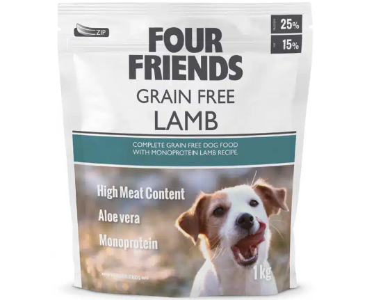 Framsidan av förpackningen för Four Friends Grain Free Lamb - 1 kg.