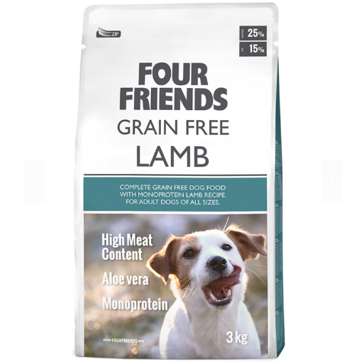 Framsidan av förpackningen för Four Friends Grain Free Lamb - 3kg.