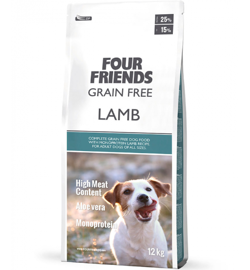 Framsidan av förpackningen för Four Friends Grain Free Lamb - 12kg.