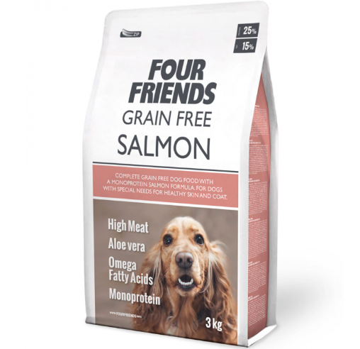Framsidan av förpackningen för Four Friends Grain Free Salmon - 3 kg.
