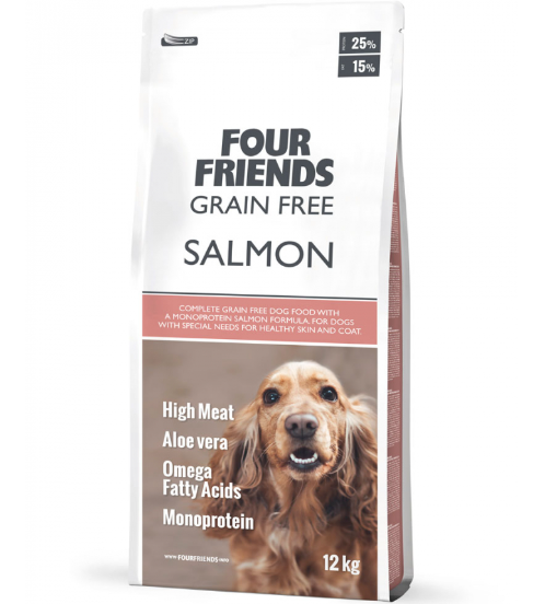 Framsidan av förpackningen för Four Friends Grain Free Salmon - 12 kg.